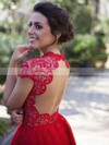 Informal Red Lace Tulle Scoop Neck Cap Straps Short/Mini Prom Dress #JCD02019873