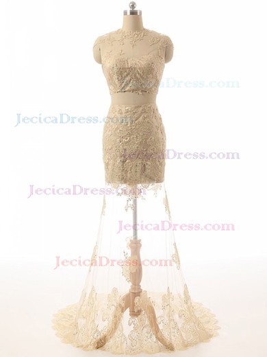 Champagne Lace Tulle Scoop Neck Appliques Lace Latest Two Piece Prom Dresses #JCD02019883