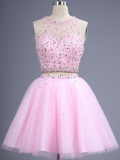 Popular Two Piece Short/Mini Pink Tulle Beading Scoop Neck Prom Dress #JCD02019884