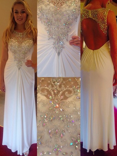 Cool White Open Back Silk-like Satin Crystal Detailing Ankle-length Prom Dress #JCD02019890