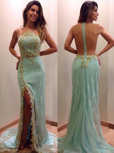 Popular Lace Tulle with Split Front Appliques Lace Trumpet/Mermaid Prom Dress #JCD02019891