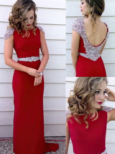 Sheath/Column Silk-like Satin with Appliques Lace Backless Hot Red Prom Dress #JCD02019924