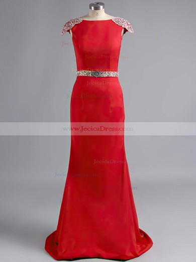 Sheath/Column Silk-like Satin with Appliques Lace Backless Hot Red Prom Dress #JCD02019924