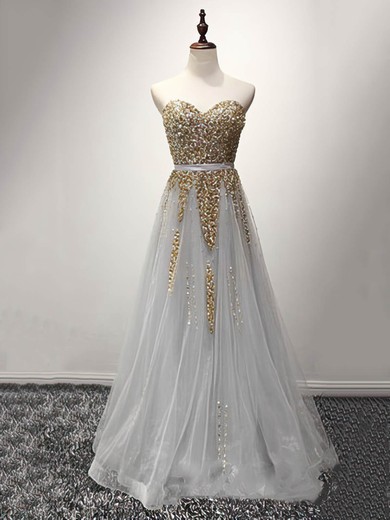Tulle Sequined A-line Sweetheart Floor-length Beading Prom Dresses #JCD02019928