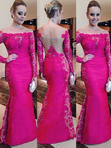 Off-the-shoulder Fuchsia Elastic Woven Satin Appliques Lace Trumpet/Mermaid Long Sleeve Prom Dress #JCD02019931