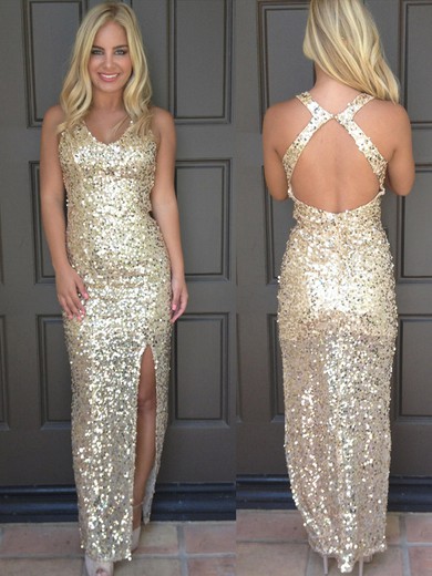 Sheath/Column Top V-neck and Open Back Sequined Split Front Champagne Prom Dress #JCD02019957