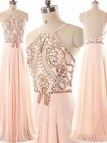Casual Halter Chiffon with Spaghetti Straps Beading Backless Pink Prom Dress #JCD02019967