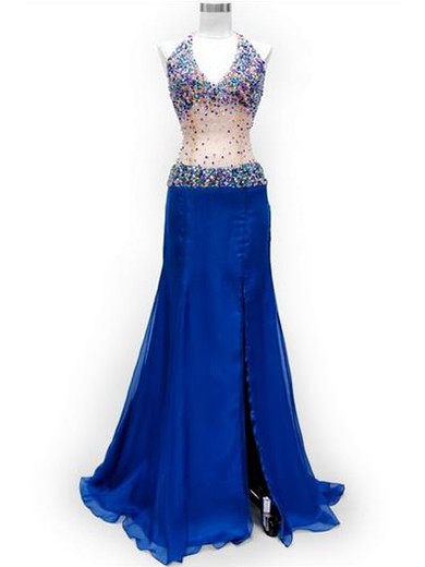 Royal Blue Open Back Chiffon Tulle with Beading Halter Modest Prom Dresses #JCD02019985