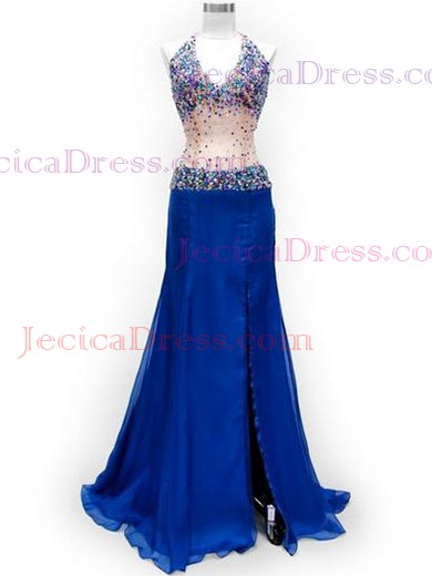 Royal Blue Open Back Chiffon Tulle with Beading Halter Modest Prom Dresses #JCD02019985