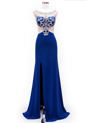 Online Scoop Neck Silk-like Satin Crystal Detailing Split Front Royal Blue Prom Dress #JCD02019986
