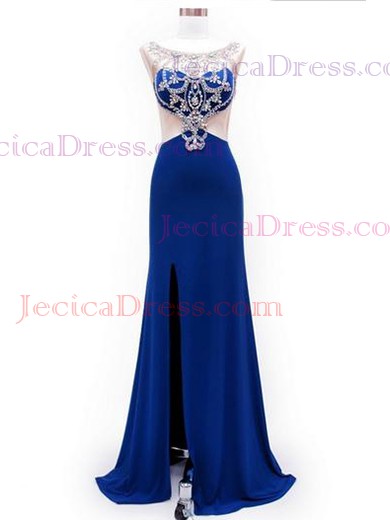 Online Scoop Neck Silk-like Satin Crystal Detailing Split Front Royal Blue Prom Dress #JCD02019986