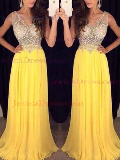 Chiffon Tulle A-line V-neck Floor-length Prom Dresses #JCD020100017