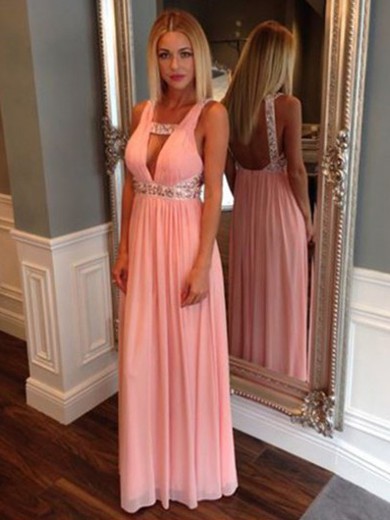Beautiful V-neck Floor-length Pink Chiffon with Beading Backless Prom Dress #JCD020100018