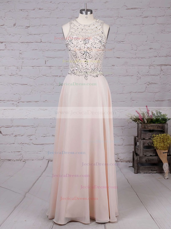 Popular Scoop Neck Chiffon Tulle with Crystal Detailing Pink Prom Dress #JCD020100026