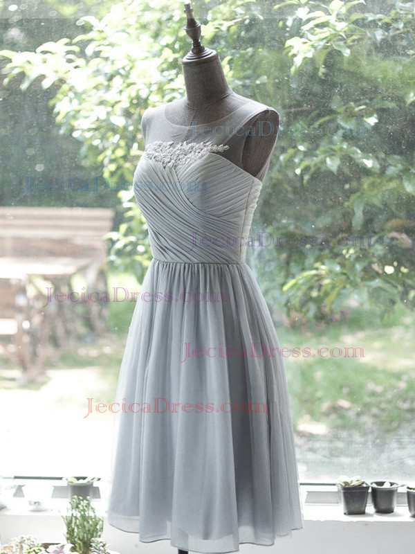 Scoop Neck Gray Chiffon Tulle Appliques Lace Hot Knee-length Prom Dress #JCD020100029