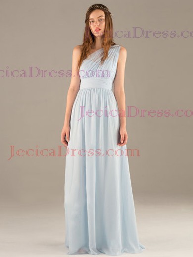 Great Chiffon Ruffle Floor-length One Shoulder Light Sky Blue Prom Dress #JCD020100031