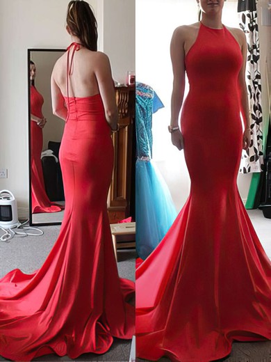 Red Silk-like Satin Exclusive Backless Halter Trumpet/Mermaid Prom Dress #JCD020100042