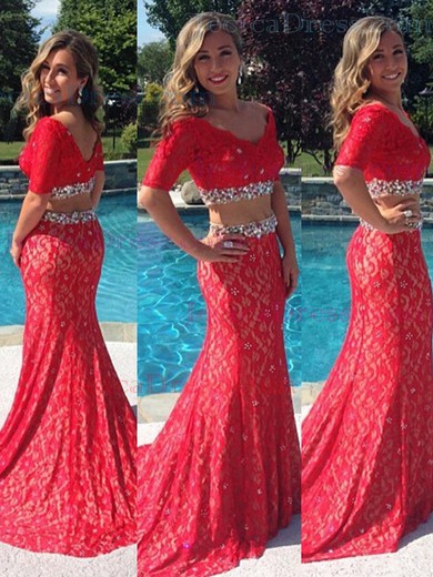 Trumpet/Mermaid V-neck Red Lace Beading Two Piece Short Sleeve Prom Dress #JCD020100048