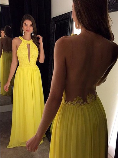 Gorgeous Chiffon Tulle Appliques Lace Scoop Neck Yellow Long Prom Dresses #JCD020100052
