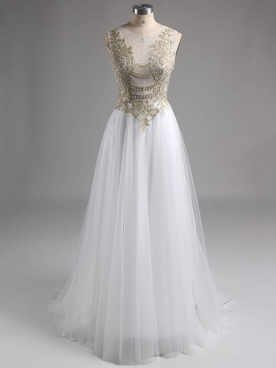 Gorgeous A-line White Tulle with Crystal Detailing Scoop Neck Prom Dress #JCD020100568
