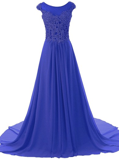 Royal Blue Scoop Neck Chiffon Cap Straps Appliques Lace Court Train Prom Dresses #JCD020101798