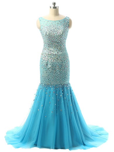 Backless Trumpet/Mermaid Tulle Court Train Crystal Detailing Blue Prom Dresses #JCD020101799