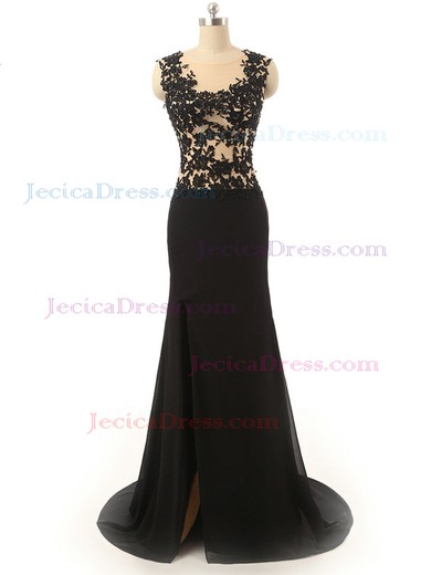Trumpet/Mermaid Tulle Chiffon Sweep Train Split Front Black Prom Dresses #JCD020101801