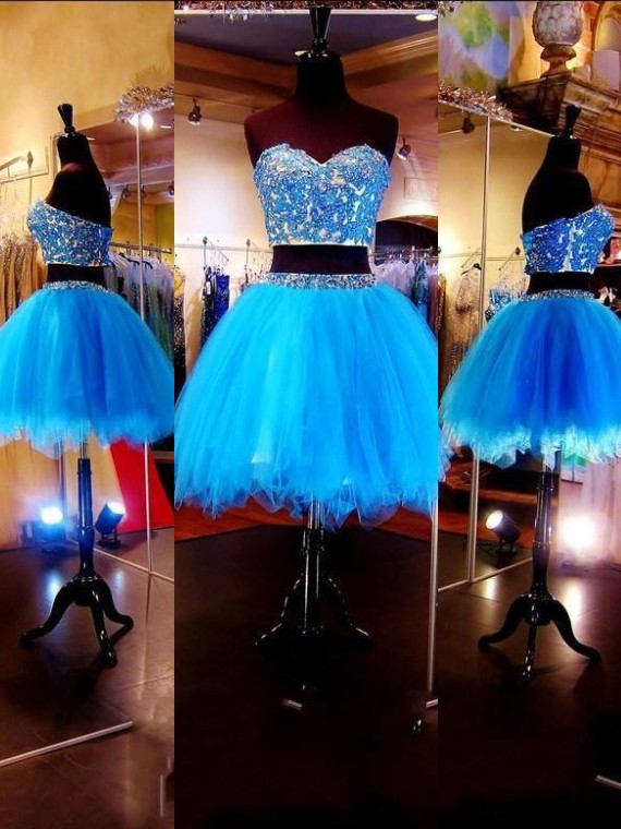 Two-pieces Sweetheart Tulle Short/Mini Beading Blue Prom Dresses #JCD020101803