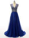V-neck Royal Blue Chiffon Tulle Sweep Train Beading Cap Straps Prom Dress #JCD020101809