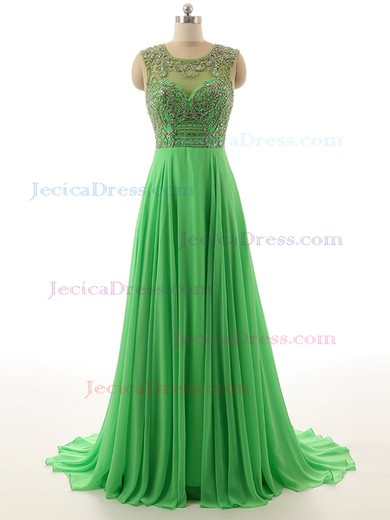 Backless Scoop Neck Sweep Train Beading Green Tulle Chiffon Prom Dress #JCD020101810