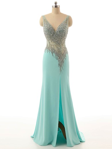 Sheath/Column Chiffon Tulle Split Front V-neck Backless Prom Dress #JCD020101812
