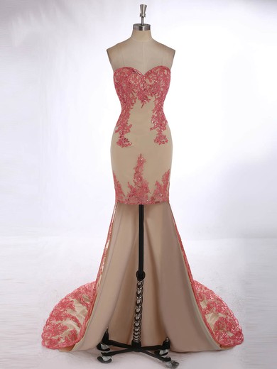 Trumpet/Mermaid Tulle Chiffon Asymmetrical Appliques Lace High Low Prom Dress #JCD020101814