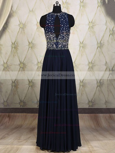 Vintage Scoop Neck Dark Navy Chiffon Tulle Sequins Floor-length Prom Dress #JCD020101818