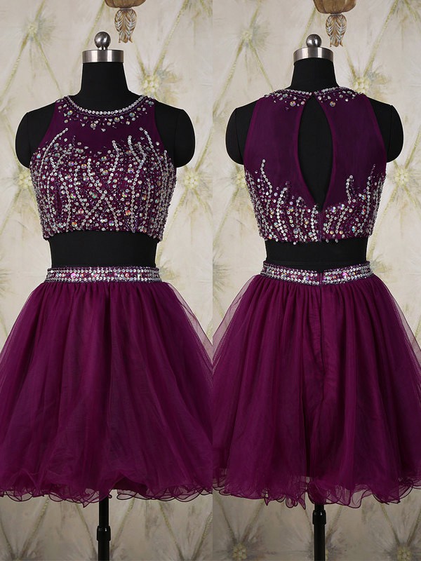 Scoop Neck Grape Tulle Short/Mini Crystal Detailing Two-pieces Prom Dress #JCD020101820