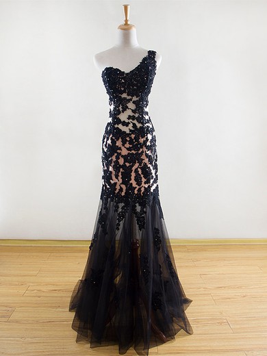 Different One Shoulder Black Tulle Appliques Lace Sweep Train Prom Dress #JCD020101822