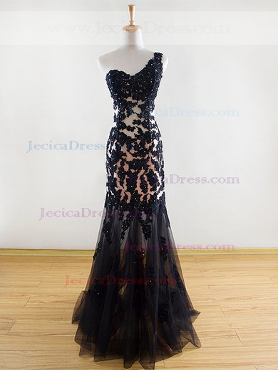 Different One Shoulder Black Tulle Appliques Lace Sweep Train Prom Dress #JCD020101822