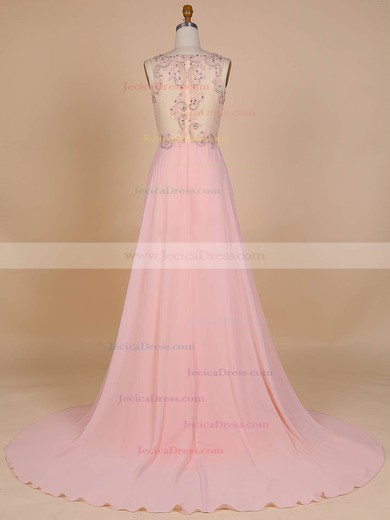 Pink Scoop Neck Tulle Chiffon Court Train Beading Discount Prom Dresses #JCD020101823
