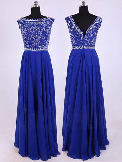 Elegant Scoop Neck Chiffon Floor-length Beading Royal Blue Prom Dresses #JCD020101827