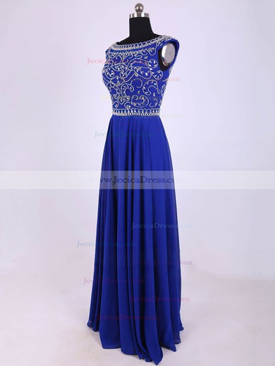 Elegant Scoop Neck Chiffon Floor-length Beading Royal Blue Prom Dresses #JCD020101827