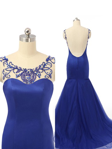 Trumpet/Mermaid Royal Blue Satin Tulle Court Train Beading Backless Prom Dresses #JCD020101829