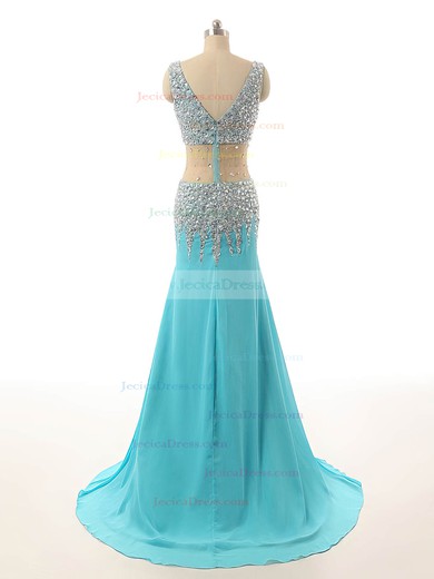 Sheath/Column V-neck Tulle Chiffon Crystal Detailing Sexy Prom Dresses #JCD020101830