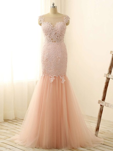 Perfect Scoop Neck Pink Tulle with Appliques Lace Trumpet/Mermaid Prom Dresses #JCD020101832