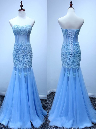 Promotion Sweetheart Tulle Appliques Lace Blue Trumpet/Mermaid Prom Dresses #JCD020101834