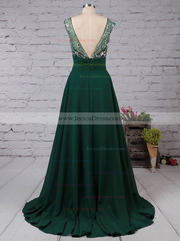 Dark Green Scoop Neck Tulle Chiffon Sweep Train Beading Backless Prom Dresses #JCD020101836