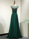 Dark Green Scoop Neck Tulle Chiffon Sweep Train Beading Backless Prom Dresses #JCD020101836