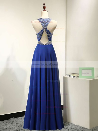 Scoop Neck Perfect Tulle Chiffon Floor-length Beading Royal Blue Prom Dresses #JCD020101838