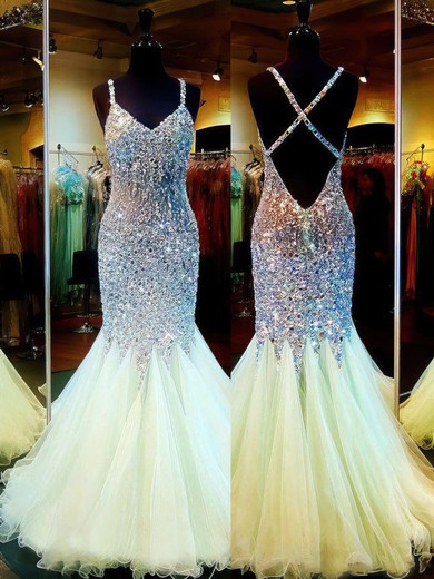 Exclusive V-neck Backless Tulle Crystal Detailing Trumpet/Mermaid Prom Dresses #JCD020101840