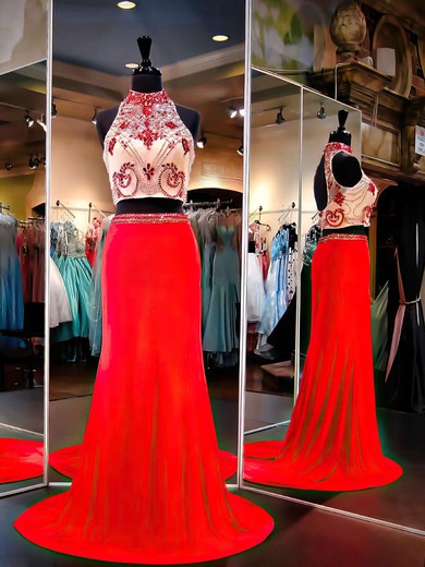 Two Pieces Sheath/Column Open Back Chiffon with Beading High Neck Prom Dresses #JCD020101843