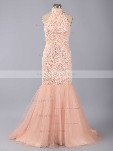 Popular High Neck Open Back Tulle Pearl Detailing Trumpet/Mermaid Prom Dresses #JCD020101846