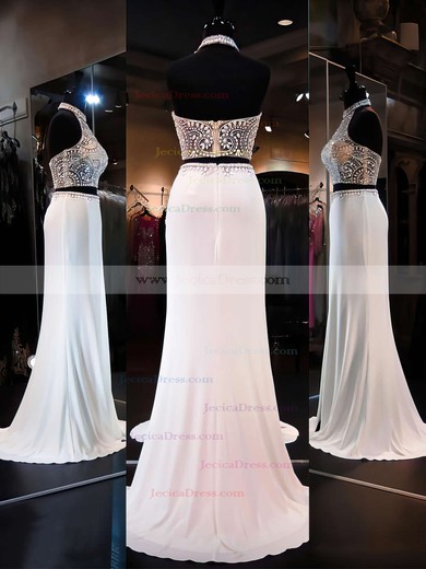 Two Pieces Sheath/Column Backless Chiffon Tulle Beading Halter Prom Dresses #JCD020101849